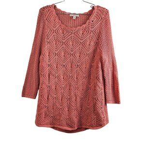 💎Dressbarn Open Knit Crochet Lined Boho Dusty Rose Sweater